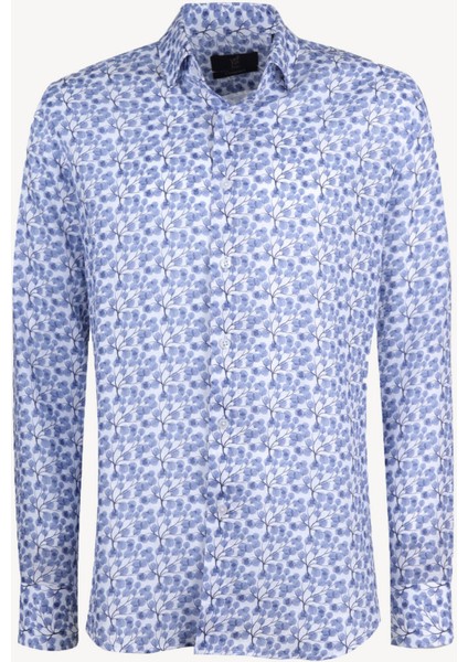 Erkek Mavi Beyaz Slim Fit Keten Desenli Gömlek