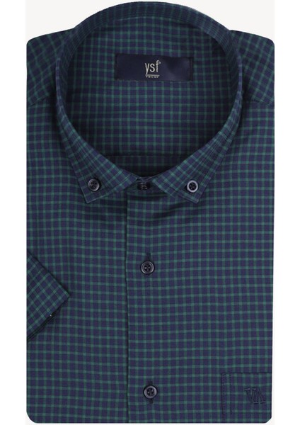 Erkek Lacivert Yeşil Kısa Kol Klasik Kareli Gömlek modelleri