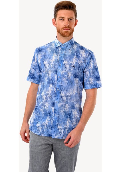 Erkek Mavi Kısa Kol Karışık Desenli Slim Fit Gömlek