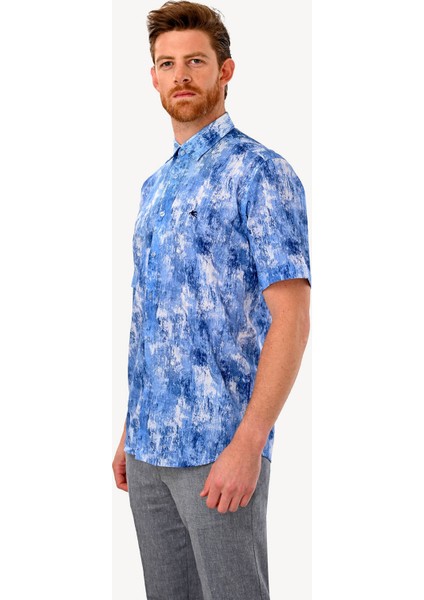 Erkek Mavi Kısa Kol Karışık Desenli Slim Fit Gömlek fiyatları