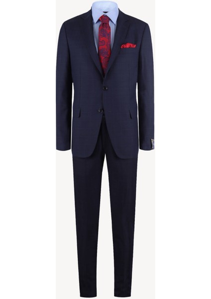 Erkek Lacivert Kareli Yünlü Slim Fit Takım Elbise