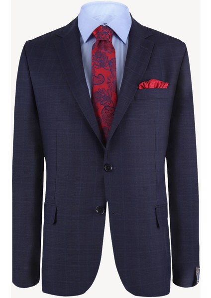 Erkek Lacivert Kareli Yünlü Slim Fit Takım Elbise