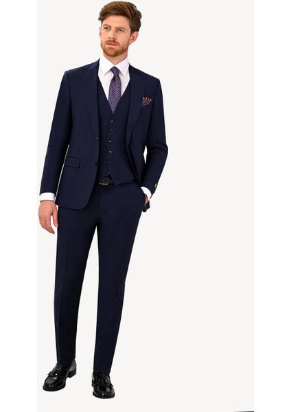 Erkek Lacivert Sivri Yaka Slim Fit Yelekli Takım Elbise