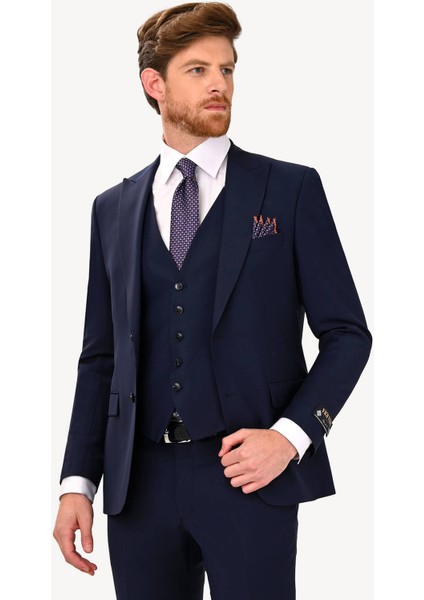 Erkek Lacivert Sivri Yaka Slim Fit Yelekli Takım Elbise modelleri