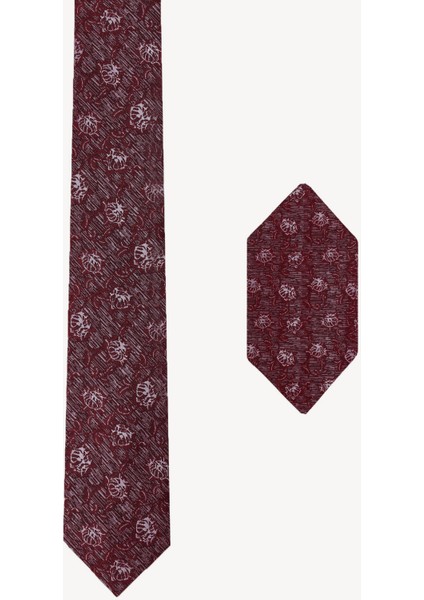 Erkek Bordo Çiçek Desenli Kravat Mendil Set