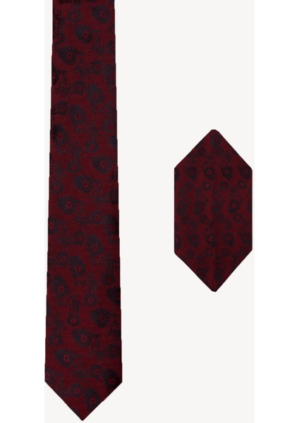 Erkek Bordo Çiçek Desenli Kravat Mendil Set