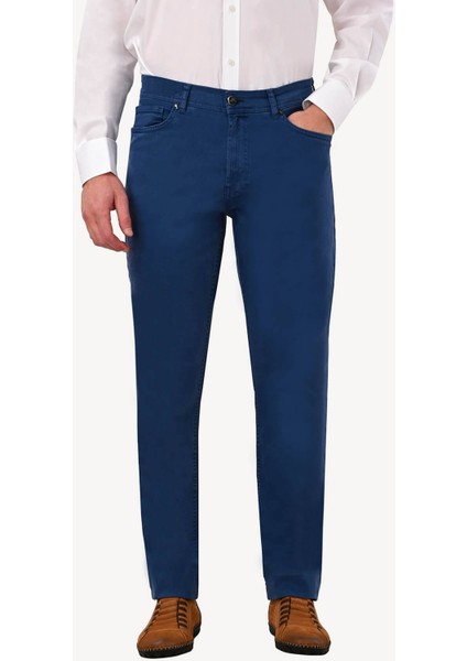 Erkek İndigo Mavi Slim Fit Kanvas Pantolon