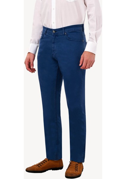 Erkek İndigo Mavi Slim Fit Kanvas Pantolon