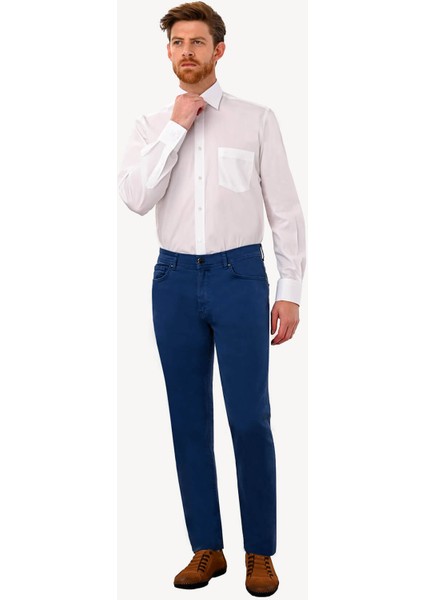 Erkek İndigo Mavi Slim Fit Kanvas Pantolon