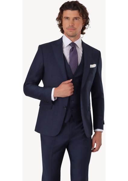 Erkek Lacivert Sivri Yaka Yelekli Slim Fit Takım Elbise