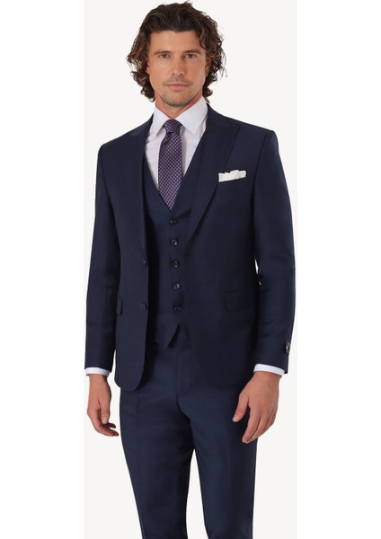 Erkek Lacivert Sivri Yaka Yelekli Slim Fit Takım Elbise