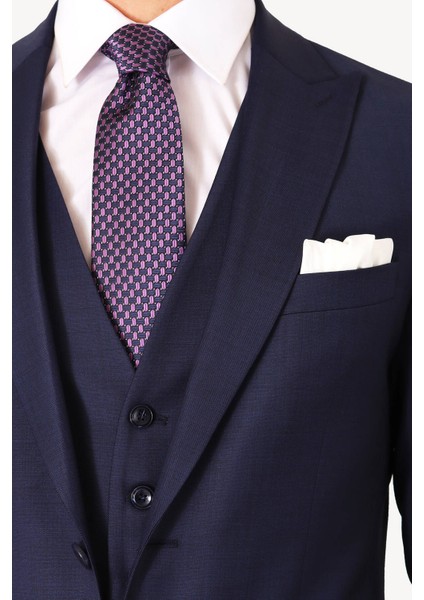 Erkek Lacivert Sivri Yaka Yelekli Slim Fit Takım Elbise