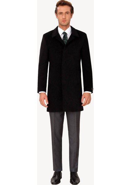 Erkek Siyah Regular Fit Mono Yaka Kaşmir Palto