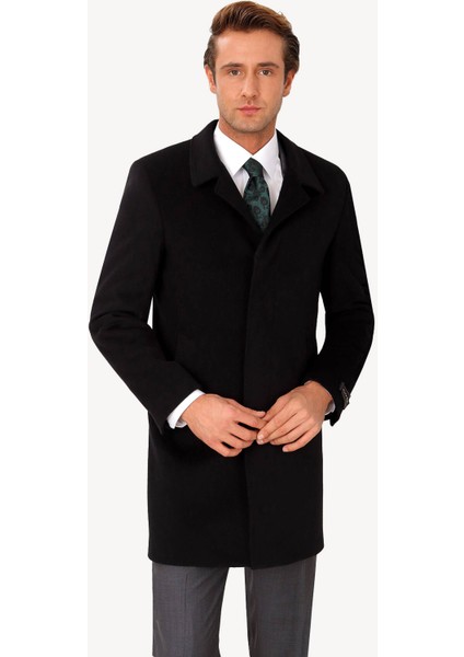 Erkek Siyah Regular Fit Mono Yaka Kaşmir Palto