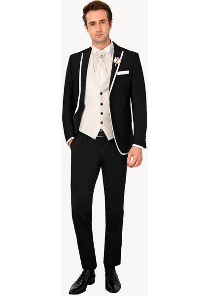 Erkek Siyah Kırlangıç Yaka Yelekli Desenli Slim Fit Damatlık
