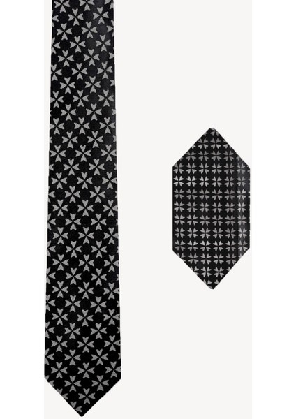 Erkek Siyah Desenli Kravat Mendil Set