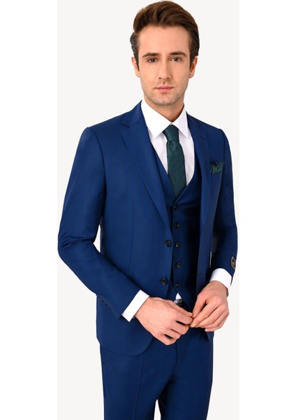 Erkek Lacivert Slim Fit Kareli Yelekli Takım Elbise