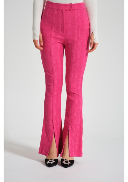 Yırtmaçlı Jakarlı Fuşya Pantolon