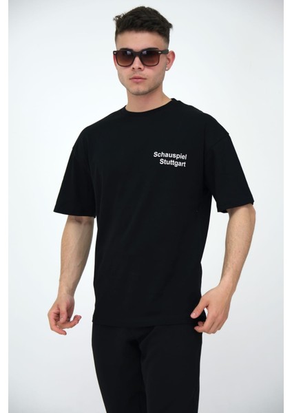 Erkek Oversize Bisiklet Yaka Basic Kısa Kollu Yazı Baskılı T-Shirt