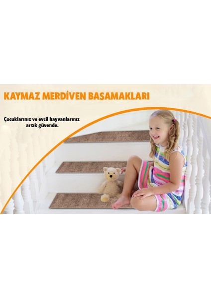 Home GH39A-WDBE Üçgen Desenli Kaydırmaz Tabanlı 13'lü Merdiven Halısı - Beyaz/koyu Bej