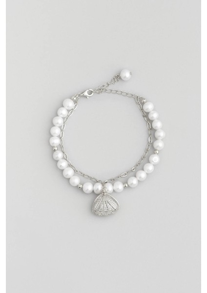 Saklı Inci 18 Ayar Beyaz Altın Kaplama 21 cm Gümüş Tasarım Bileklik