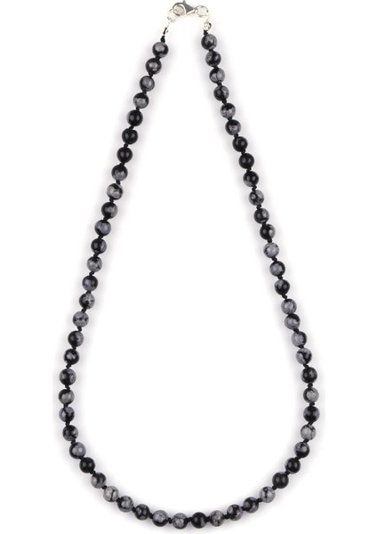 Karlı Obsidyen Doğal Taş 6 mm Düğümlü Kolye