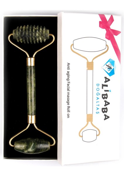 Yeşim Doğal Taş Masaj Taşı - Face Roller - Tırtıklı ve Düz Silindirli