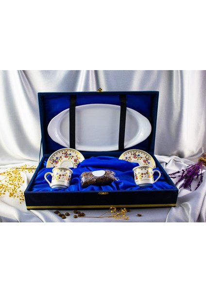 İkili Altın Yaldızlı Tepsili Kadife Kutulu Porselen Fincan Takımı