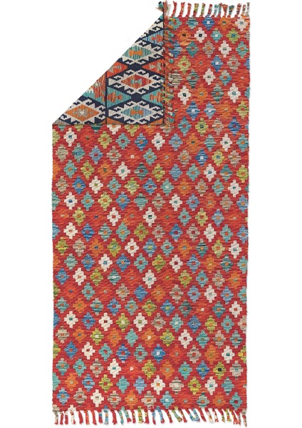 Soho Alaçatı 26 Baklavalı Turuncu Afgan Desen Otantik Motif Kara Tezgah Halı Çift Taraflı Kilim