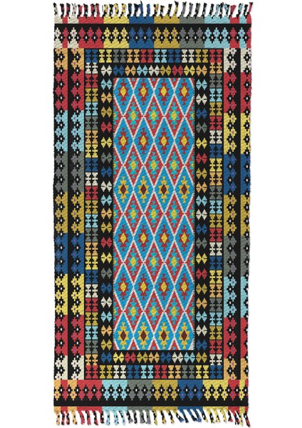 Soho Alaçatı 24 Multi Renk Bordürlü Afgan Desen Otantik Motif Kara Tezgah Halı Çift Taraflı Kilim