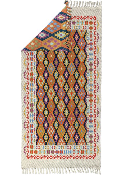 Soho Alaçatı 23 Krem Bordürlü Renkli Afgan Desen Otantik Motif Kara Tezgah Halı Çift Taraflı Kilim