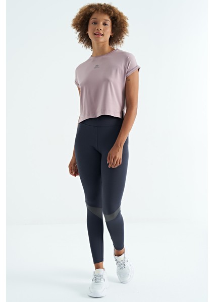 Gül Kurusu Logo Baskılı O Yaka Düşük Kol Oversize Kadın Crop T-Shirt - 97262