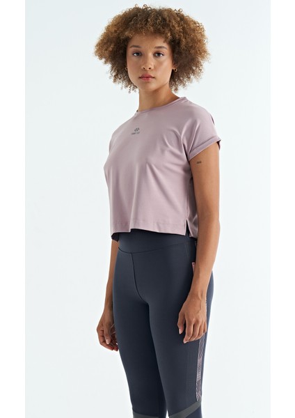 Gül Kurusu Logo Baskılı O Yaka Düşük Kol Oversize Kadın Crop T-Shirt - 97262