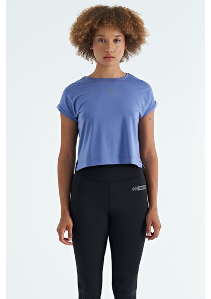 Eflatun Logo Baskılı O Yaka Düşük Kol Oversize Kadın Crop T-Shirt - 97262