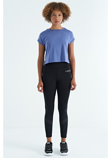 Eflatun Logo Baskılı O Yaka Düşük Kol Oversize Kadın Crop T-Shirt - 97262