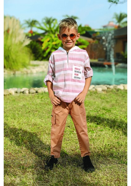 Erkek Çocuk Kapüşonlu Kahverengi Çizgili Gömlek – %100 Pamuk, Esnek ve İnce Kumaş