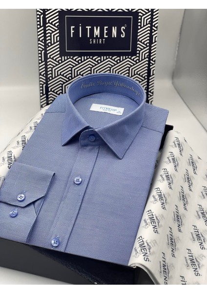 Slim Fit Uzun Kol Ömür Boyu Yakandayım Nakışlı Hediye Kutulu Erkek Gömlek - Saks Mavi
