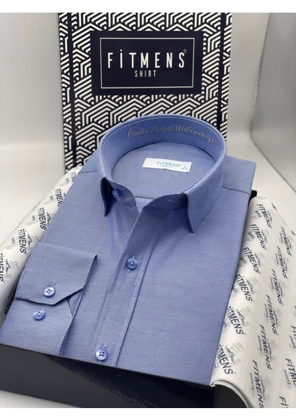 Slim Fit Uzun Kol Ömür Boyu Yakandayım Nakışlı Hediye Kutulu Erkek Gömlek - Saks Mavi fiyatları
