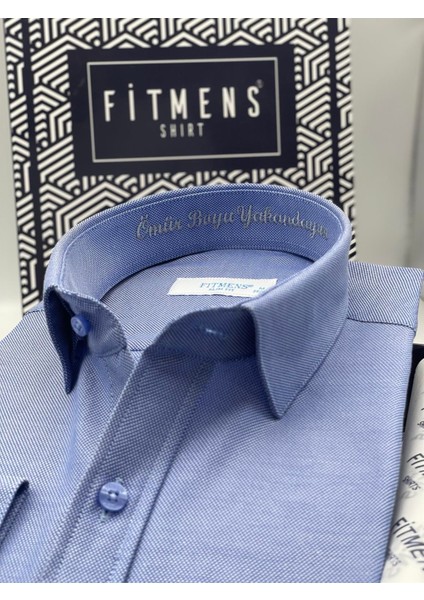 Slim Fit Uzun Kol Ömür Boyu Yakandayım Nakışlı Hediye Kutulu Erkek Gömlek - Saks Mavi modelleri