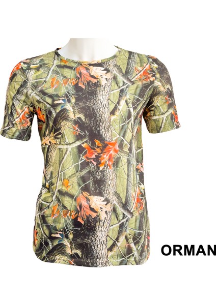 Sıfır Yaka Kısa Kol Saz Desenli Avcı ve Outdoor T-Shirt + Puff