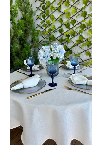 Keten Dokulu Dertsiz Beyaz Yuvarlak Masa Örtüsü