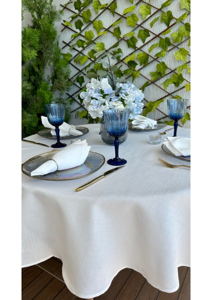 Keten Dokulu Dertsiz Beyaz Yuvarlak Masa Örtüsü modelleri