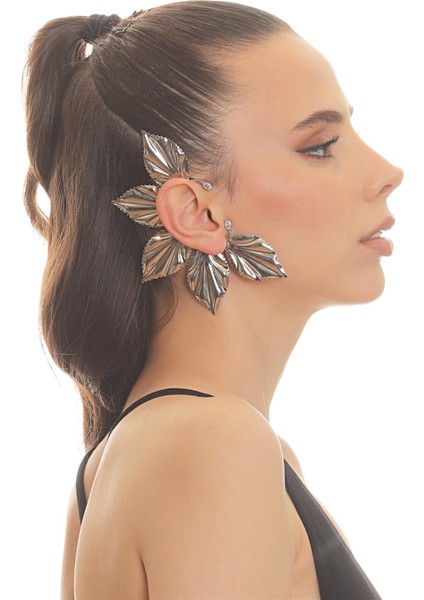 Kadın Gümüş Renk Lak Kaplama Zirkon Taşlı Yaprak Stilizesi Sağ Kulak Earcuff&kıkırdak Küpe