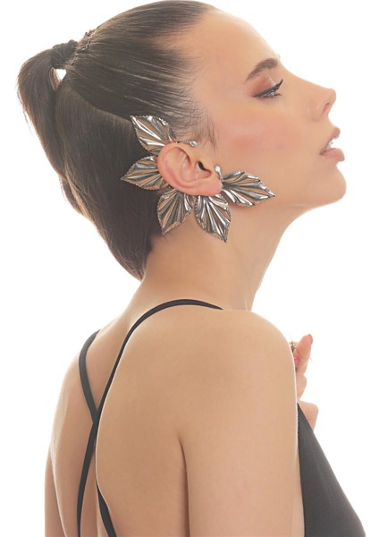 Kadın Gümüş Renk Lak Kaplama Zirkon Taşlı Yaprak Stilizesi Sağ Kulak Earcuff&kıkırdak Küpe