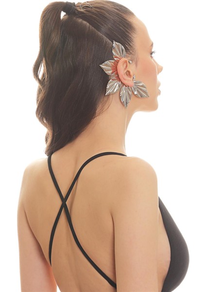 Kadın Gümüş Renk Lak Kaplama Zirkon Taşlı Yaprak Stilizesi Sağ Kulak Earcuff&kıkırdak Küpe