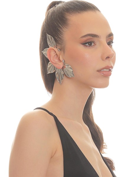 Kadın Gümüş Renk Lak Kaplama Zirkon Taşlı Yaprak Stilizesi Sağ Kulak Earcuff&kıkırdak Küpe