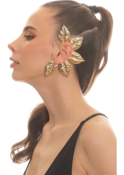 Kadın Altın Renk Lak Kaplama Zirkon Taşlı Dokulu Yaprak Stilizesi Sol Kulak Earcuff&kıkırdak Küpe