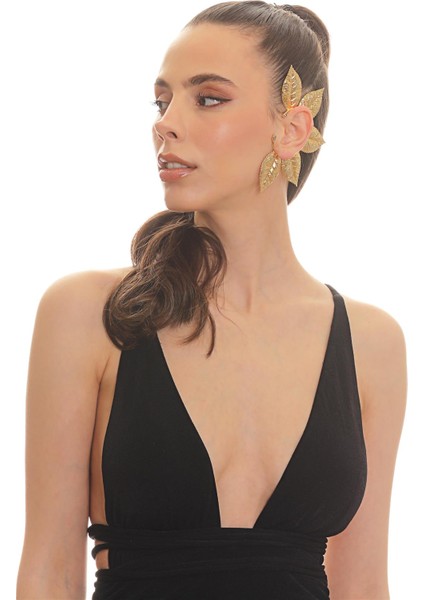 Kadın Altın Renk Lak Kaplama Zirkon Taşlı Dokulu Yaprak Stilizesi Sol Kulak Earcuff&kıkırdak Küpe fırsatları