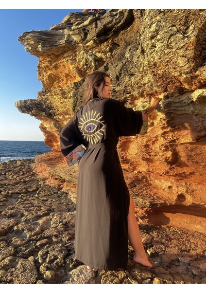 Luxury Siyah Krep Tasarım Kimono