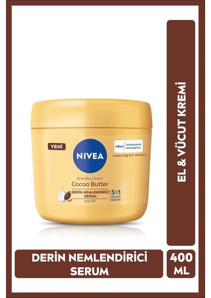 NIVEA El ve Vücut Bakım Kremi Cocoa Butter 400ml, 48 Saat Nemlendirici Serum, E Vitamini, Kakao Yağı